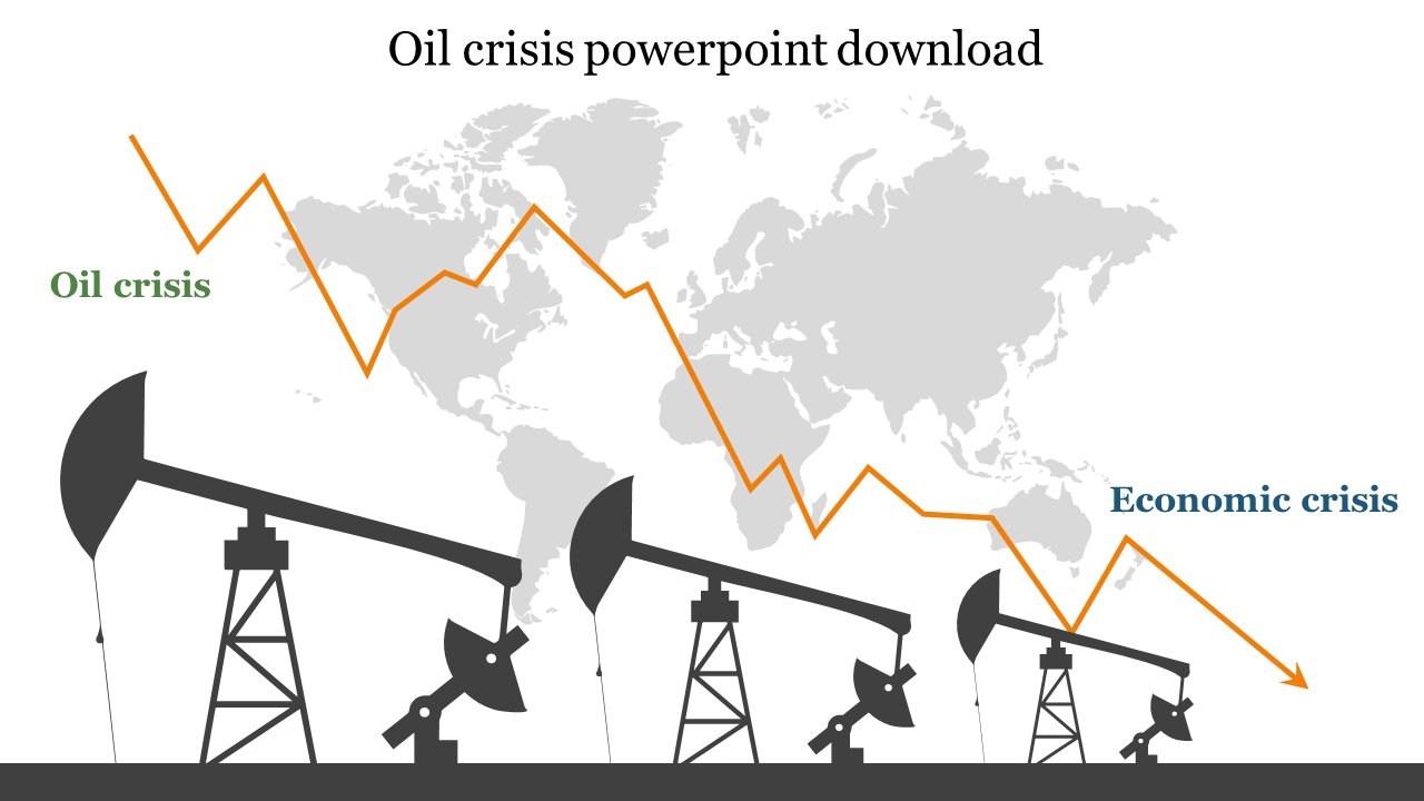 Visual representation of an oil crisis with oil pumps, featuring a world map and fluctuating economic trends.