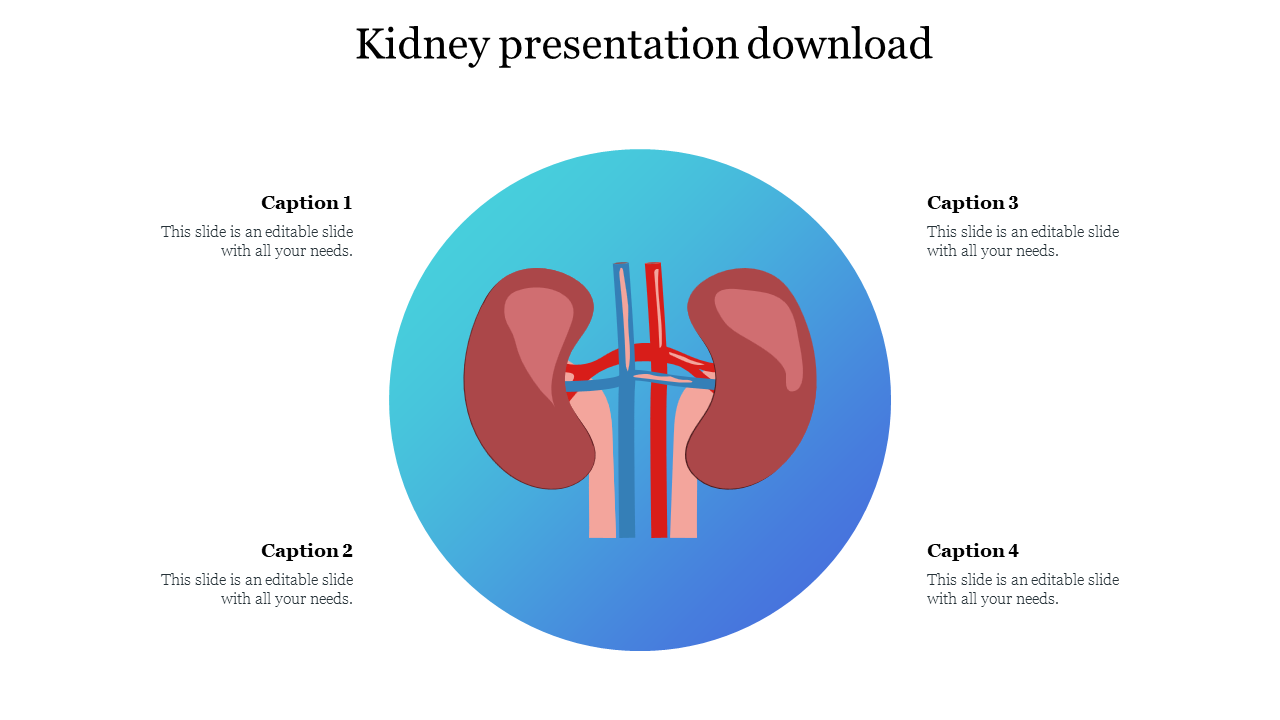 Illustration of kidneys in the center of the slide with four  placeholders text around it.