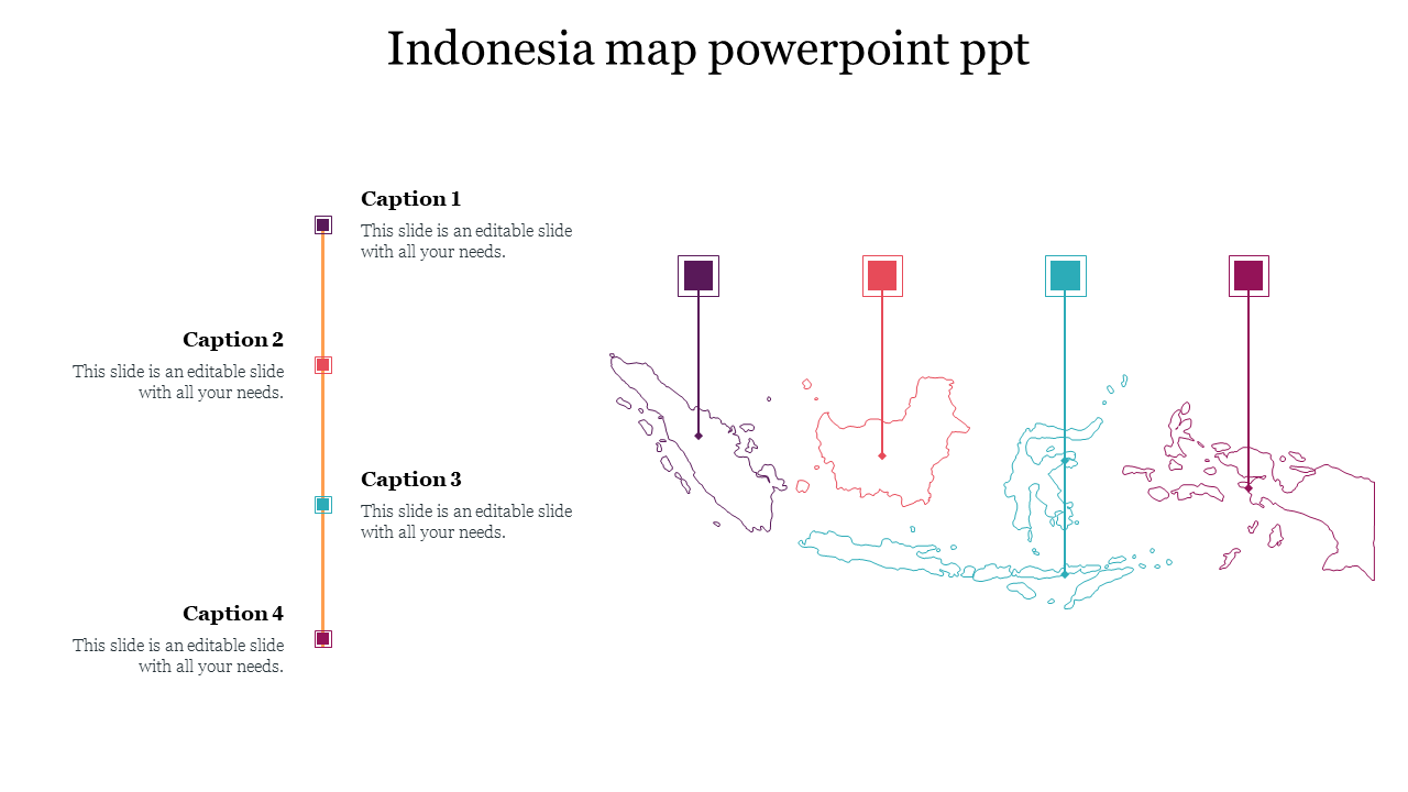 PPT slide of Indonesia map with captions and arrows marking four different locations with captions on a white backdrop.