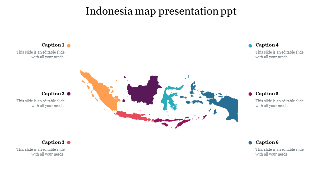 Indonesia map slide showing different regions in various colors, surrounded by caption placeholders.