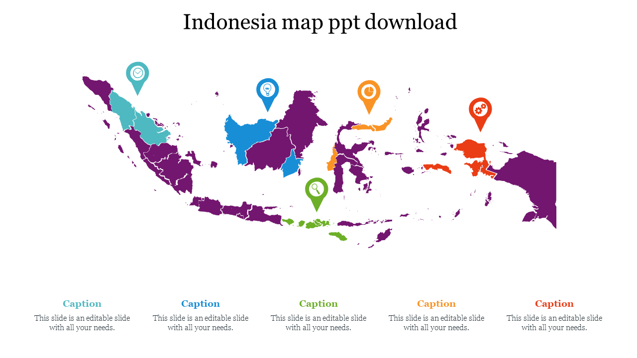 Indonesia map with regions in various colors and five icons representing different locations, each linked to captions areas.