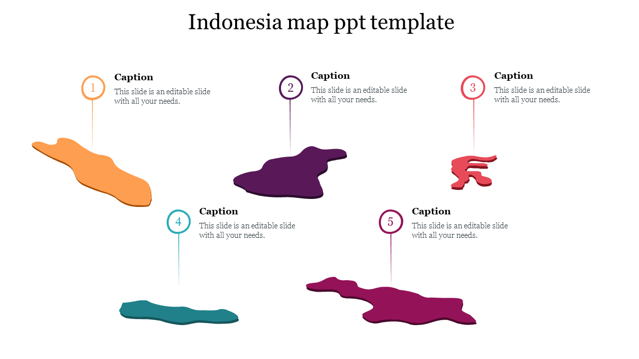 Five regions of Indonesia map in different colors, each linked to a numbered placeholders text areas.