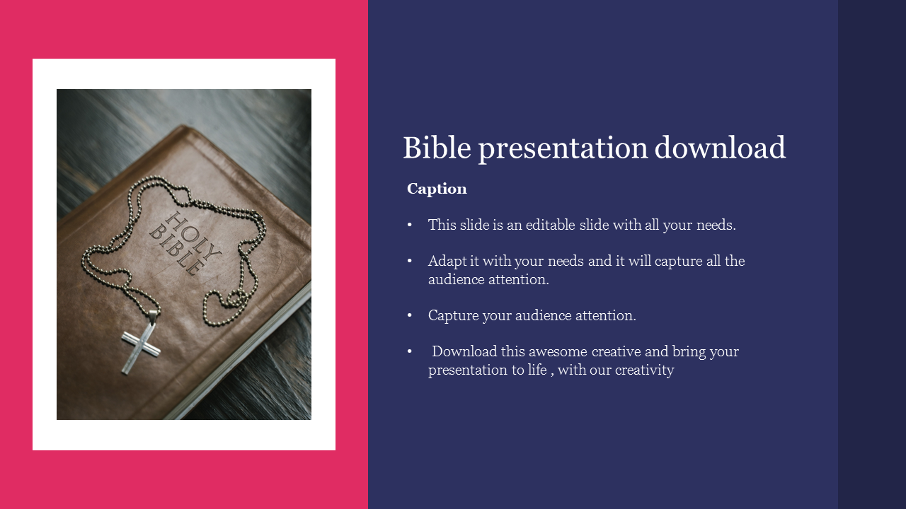 A Holy Bible and cross necklace featured in a presentation slide design for religious topics on a colorful backdrop.