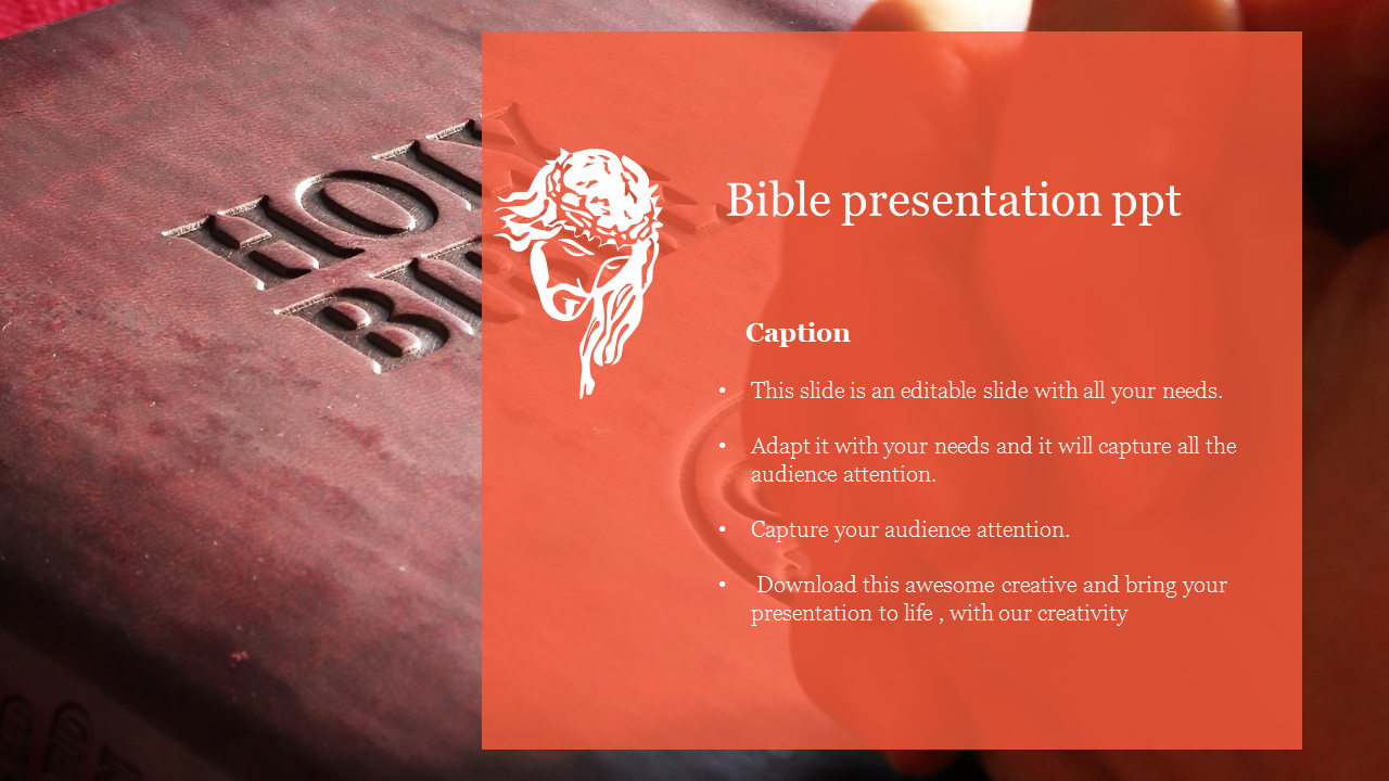 Bible themed PowerPoint slide with a close up of a Holy Bible and a caption area for content.