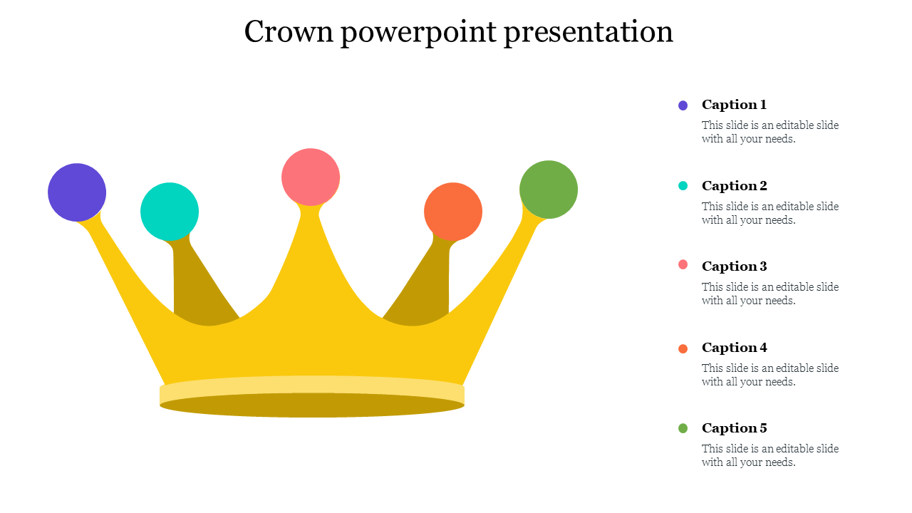 PowerPoint slide featuring a crown with colorful orbs with five caption text.