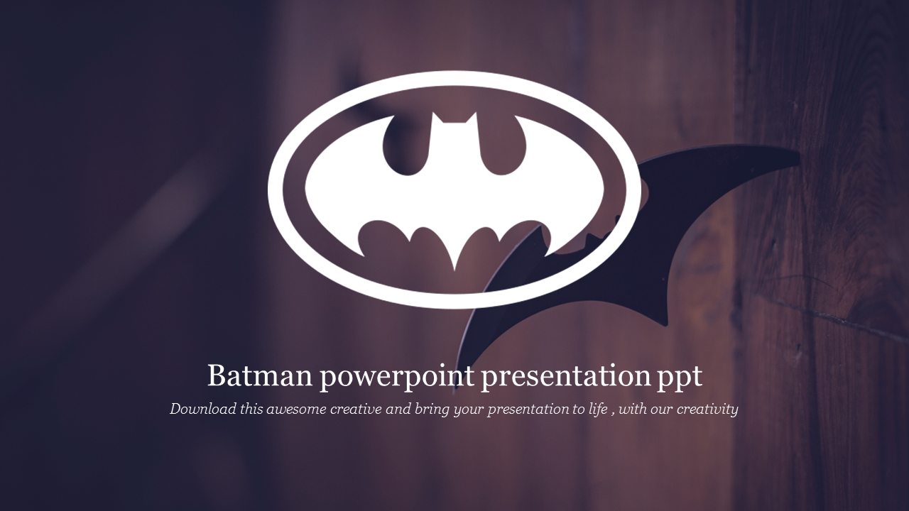 White bat icon in an oval on a blurred dark background with presentation text beneath it.