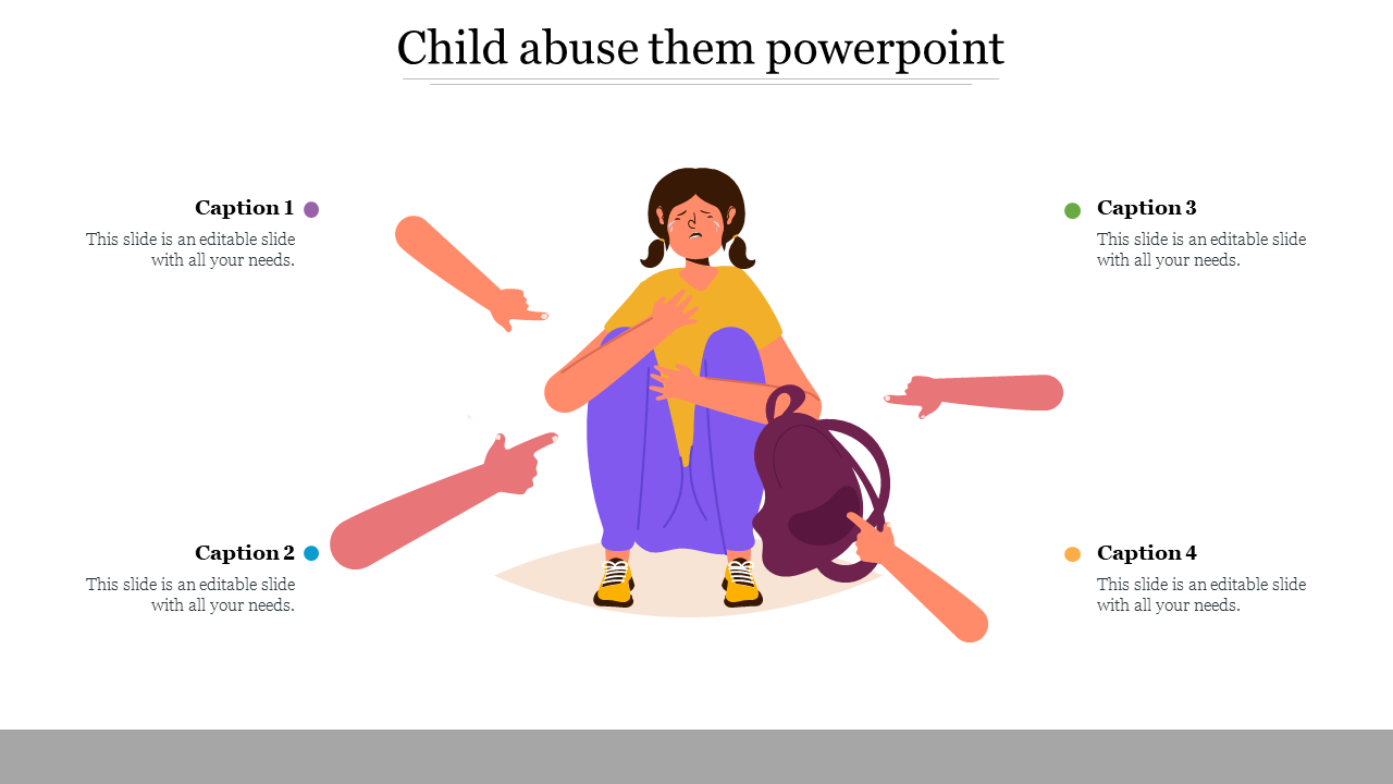 Child abuse slide with a illustration of a distressed child sitting on the floor, surrounded by hands pointing at her.