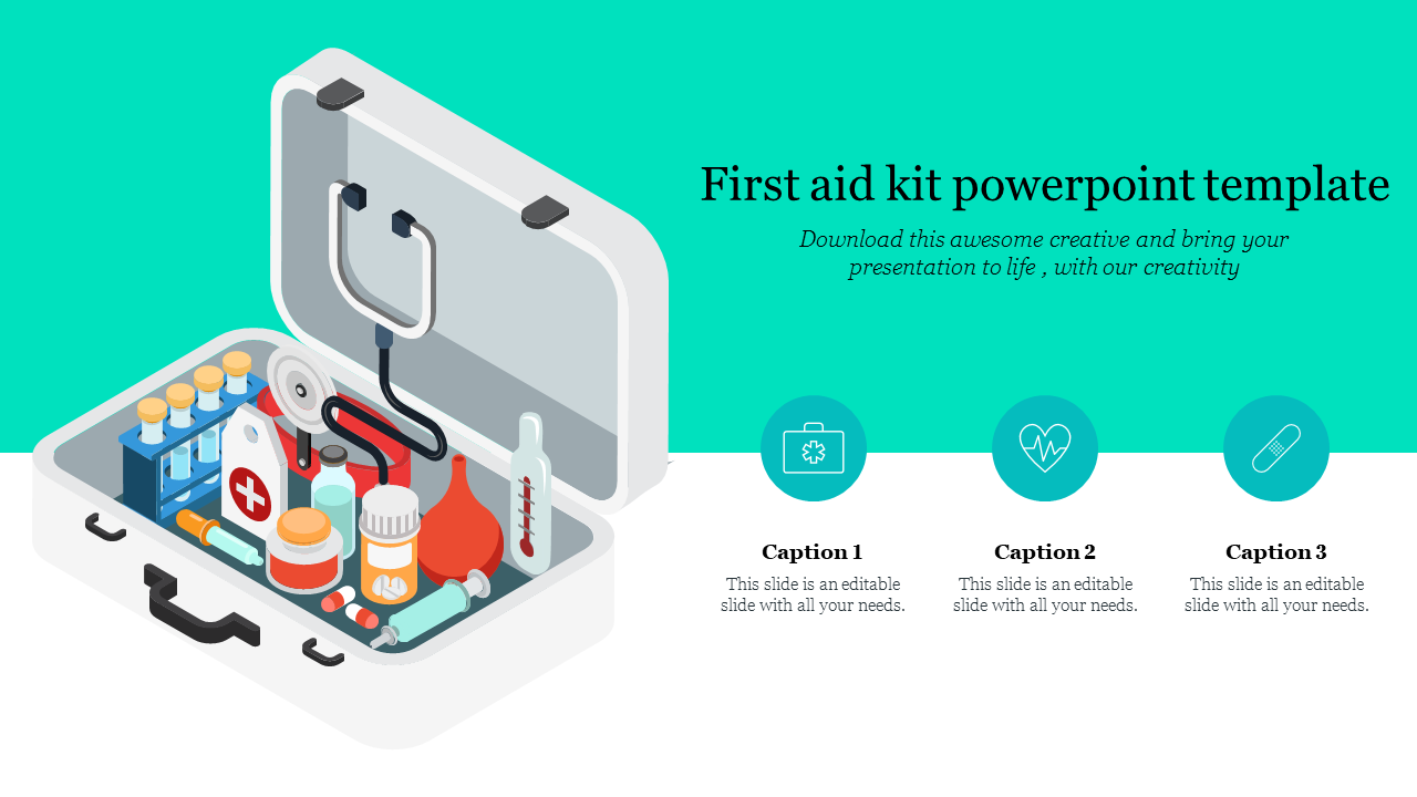 Open first aid kit with medical supplies and three blue circular icons with text, on a split background of teal and white.