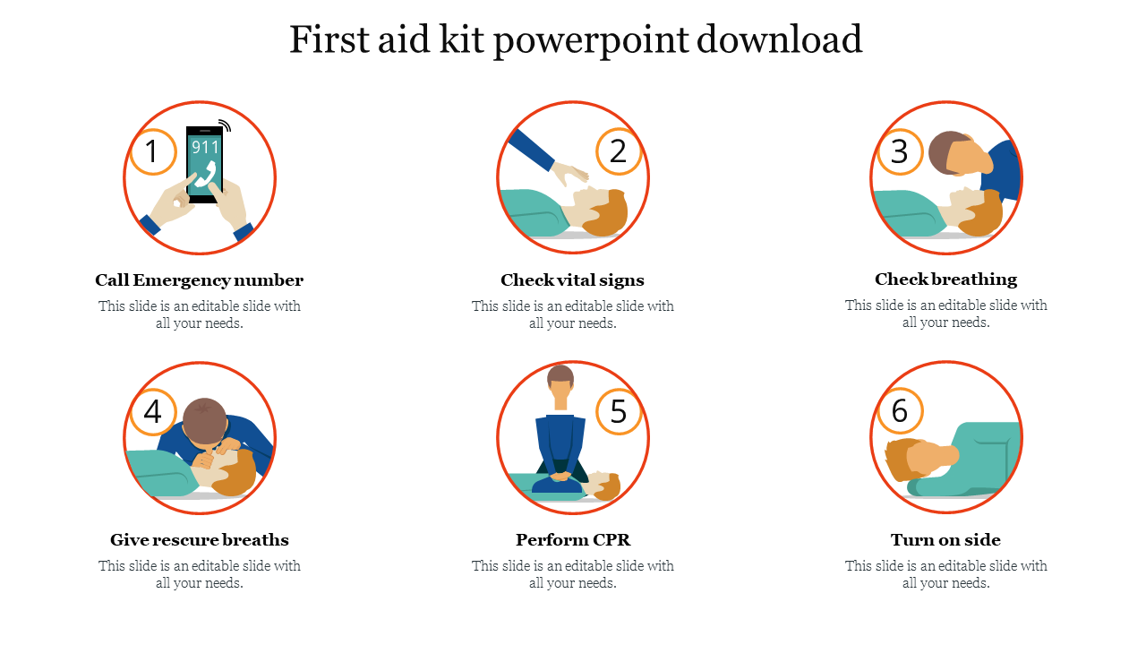 Illustrated slide featuring first aid instructions with six steps and placeholder text.