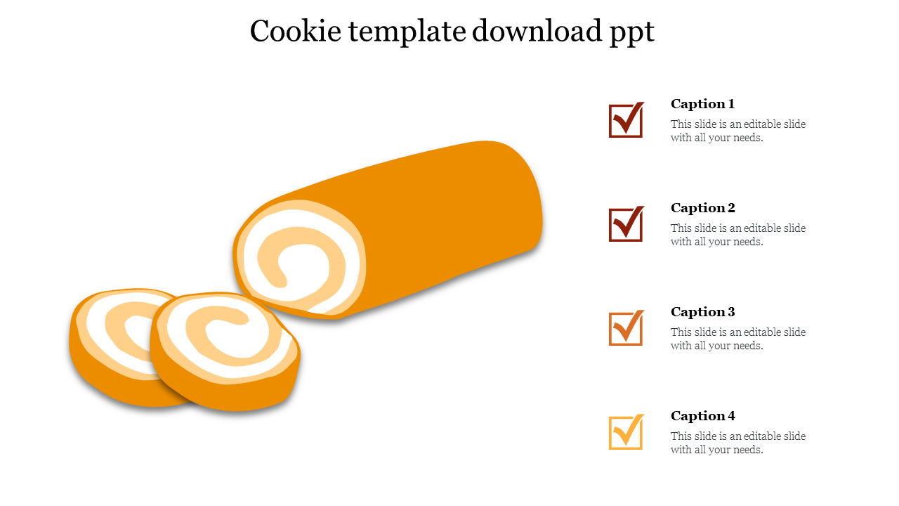 Illustration of a cookie roll with swirled slices and four captions with checkmarks aligned on the side.