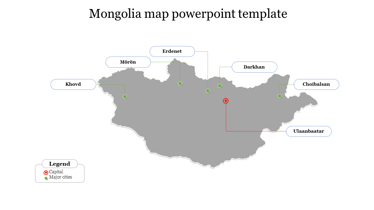 Map of Mongolia highlighting the capital, and major cities, with labels and a legend.