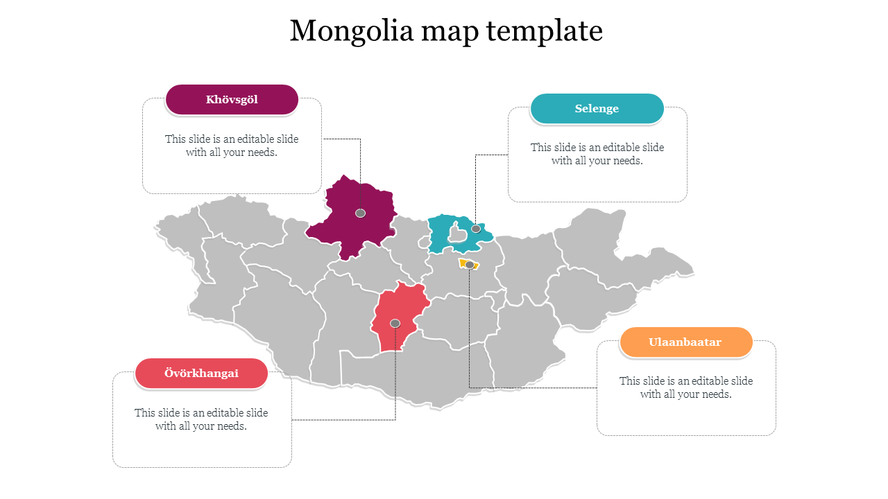 Grey map of Mongolia with highlighted regions in red, purple, teal, and yellow, with corresponding text boxes.