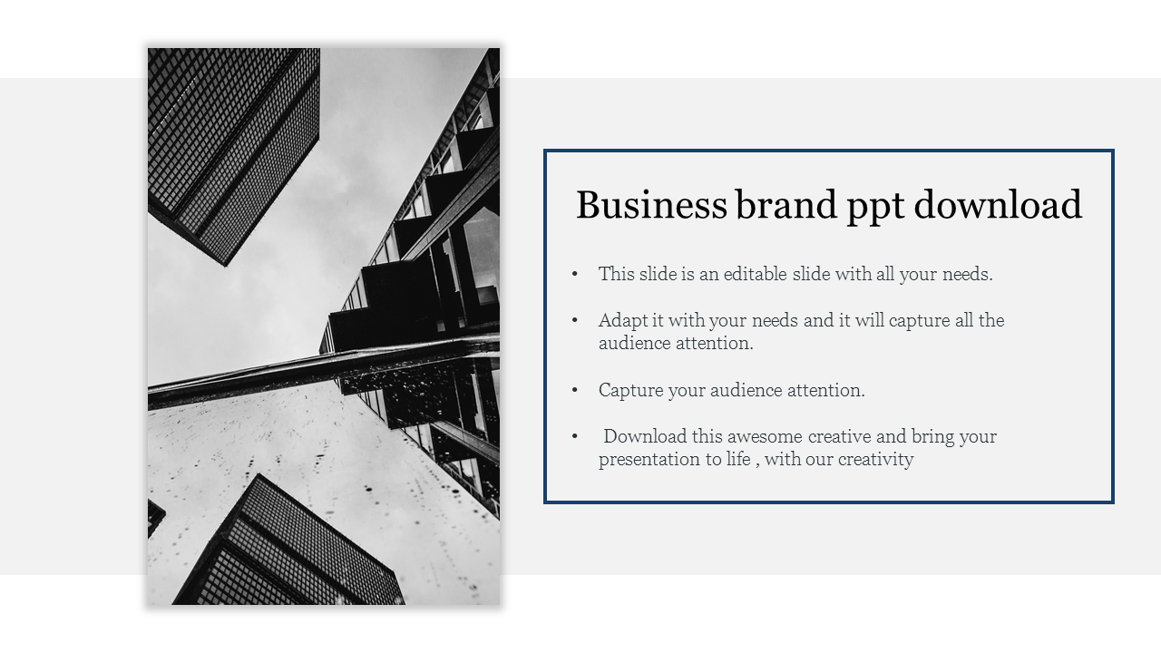 Business brand PPT template featuring a reflection of skyscrapers in the black and white image with placeholder text.