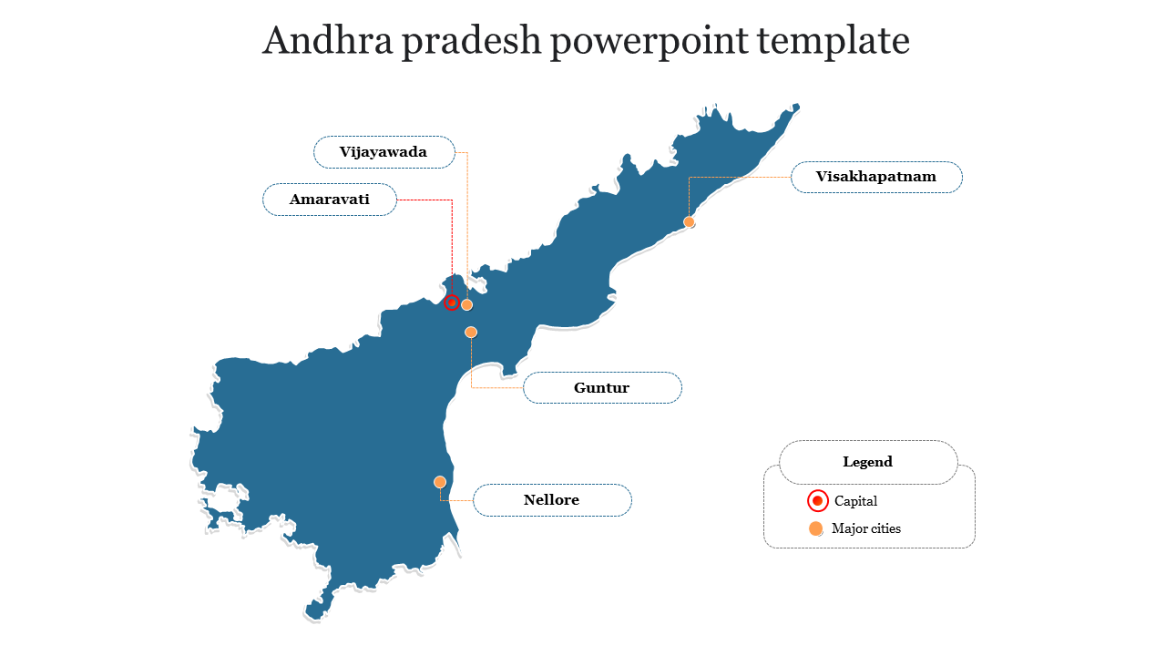 Andhra Pradesh map template with key cities labeled, along with a capital and major cities legend.