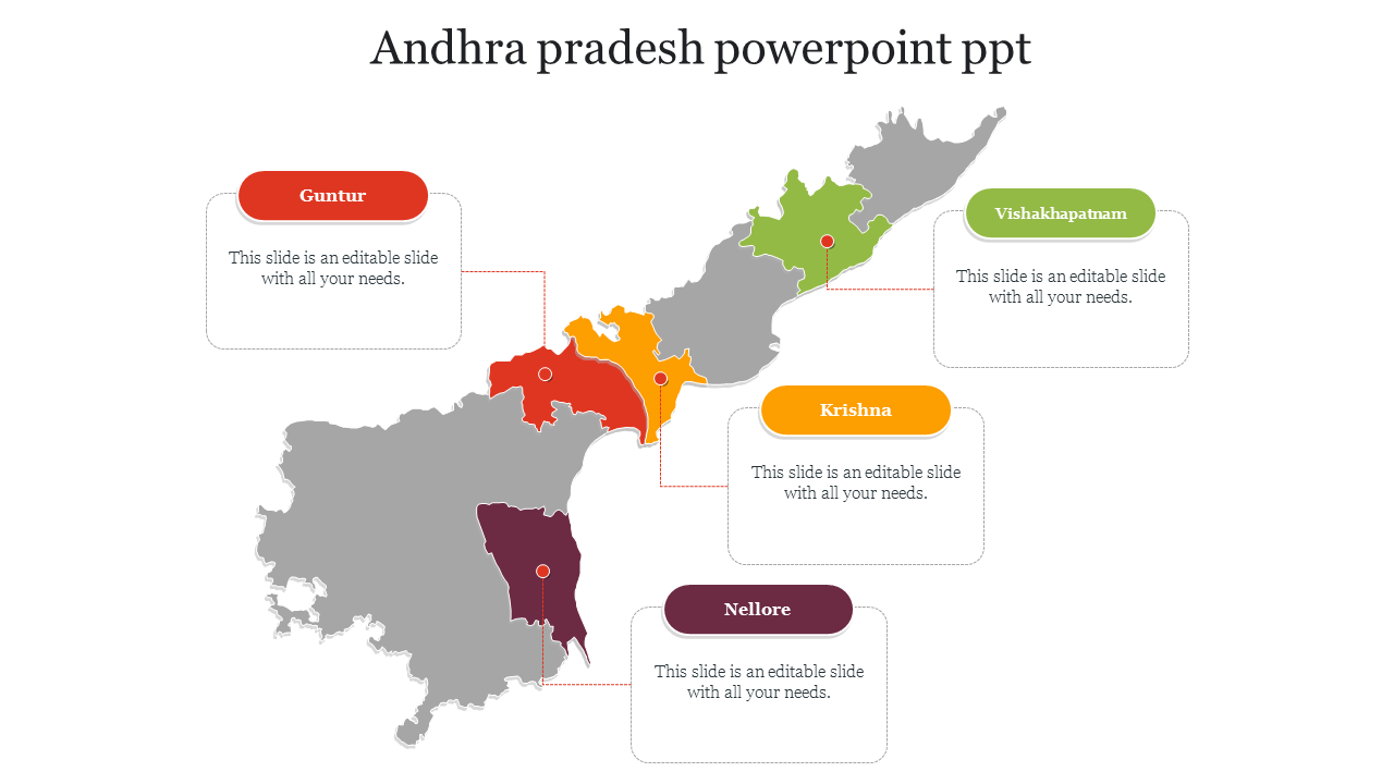 A map of andhra pradesh slide with four highlighted districts from guntur to nellore, each labeled with text boxes.