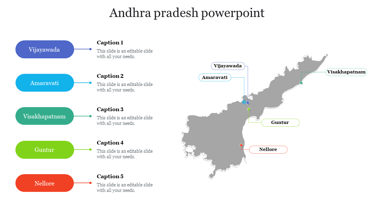 Andhra Pradesh PowerPoint slide with a gray map, displaying major cities with captions and distinct color labels for each.