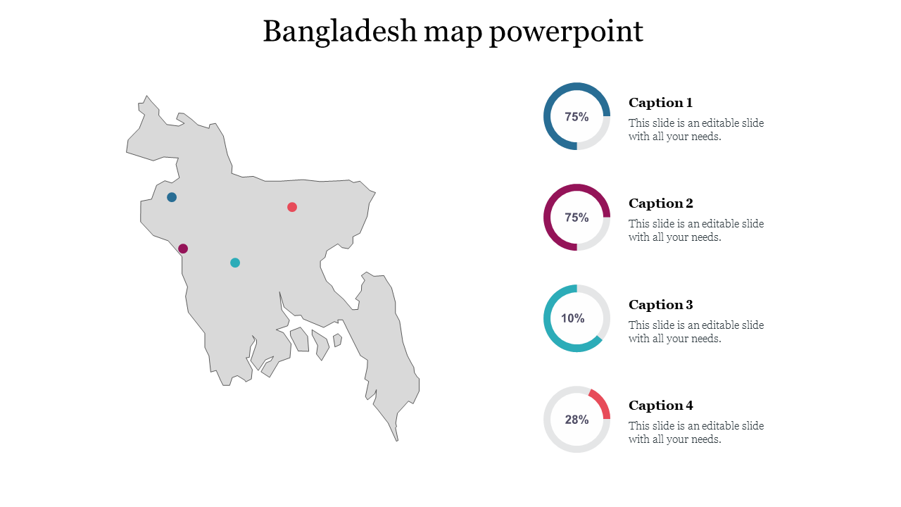 Gray map of Bangladesh with four colored points, paired with percentage pie charts and captions on the right.