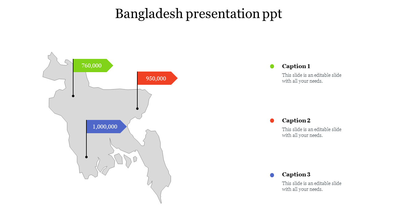 Bangladesh map in gray with green, red, and blue flag markers showing population data and captions to the right.