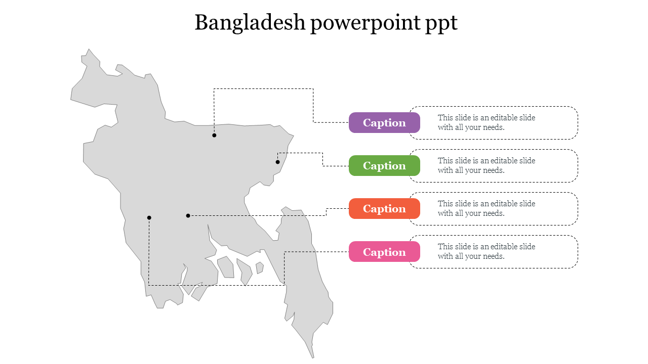 Gray map of Bangladesh with four colored captions in purple, green, orange, and pink connected by dotted lines.