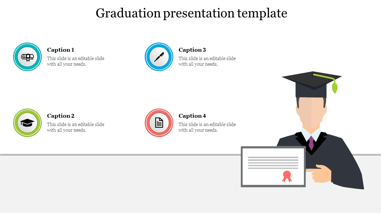 Graduation-themed slide with a graduate holding a diploma on the right and four caption areas with icons on the left.