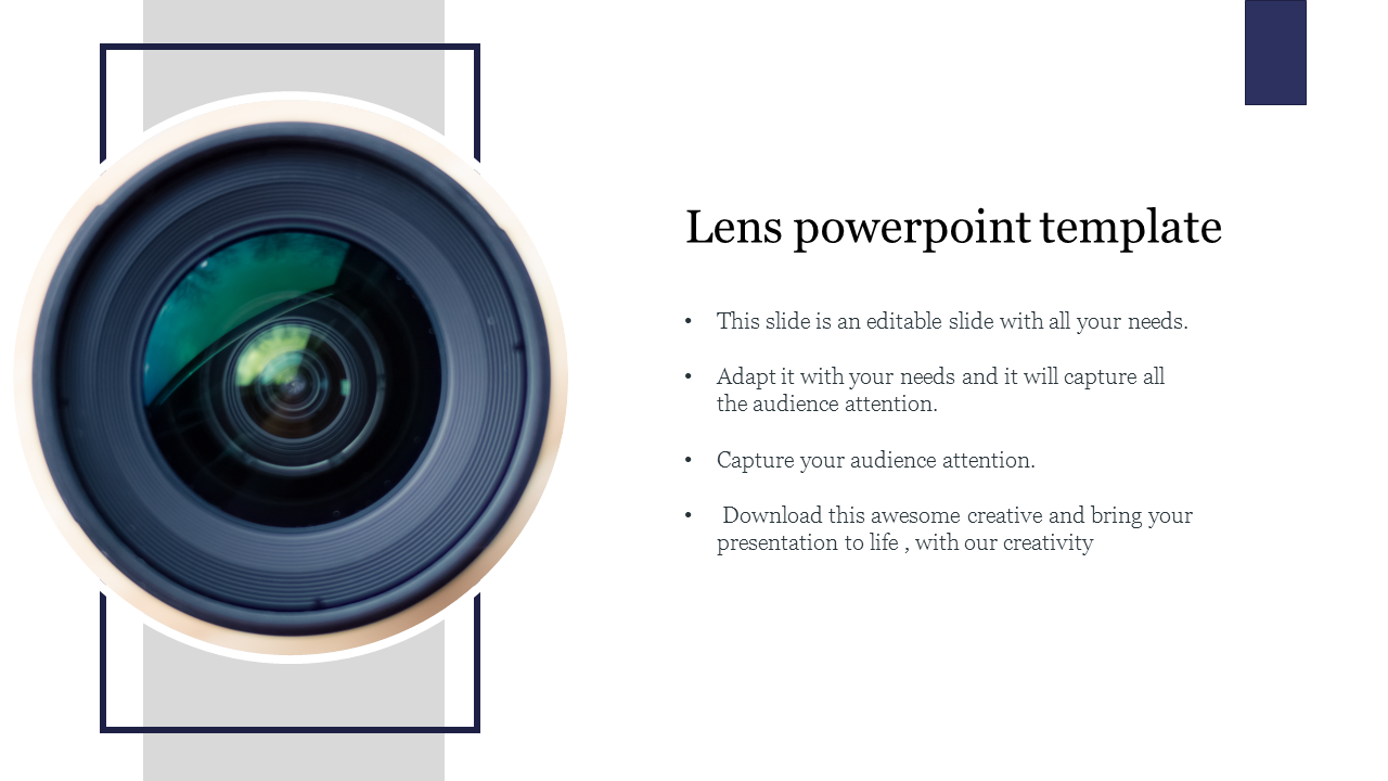 Camera lens image set against geometric blue and gray accents, paired with text on the right in a clean layout.