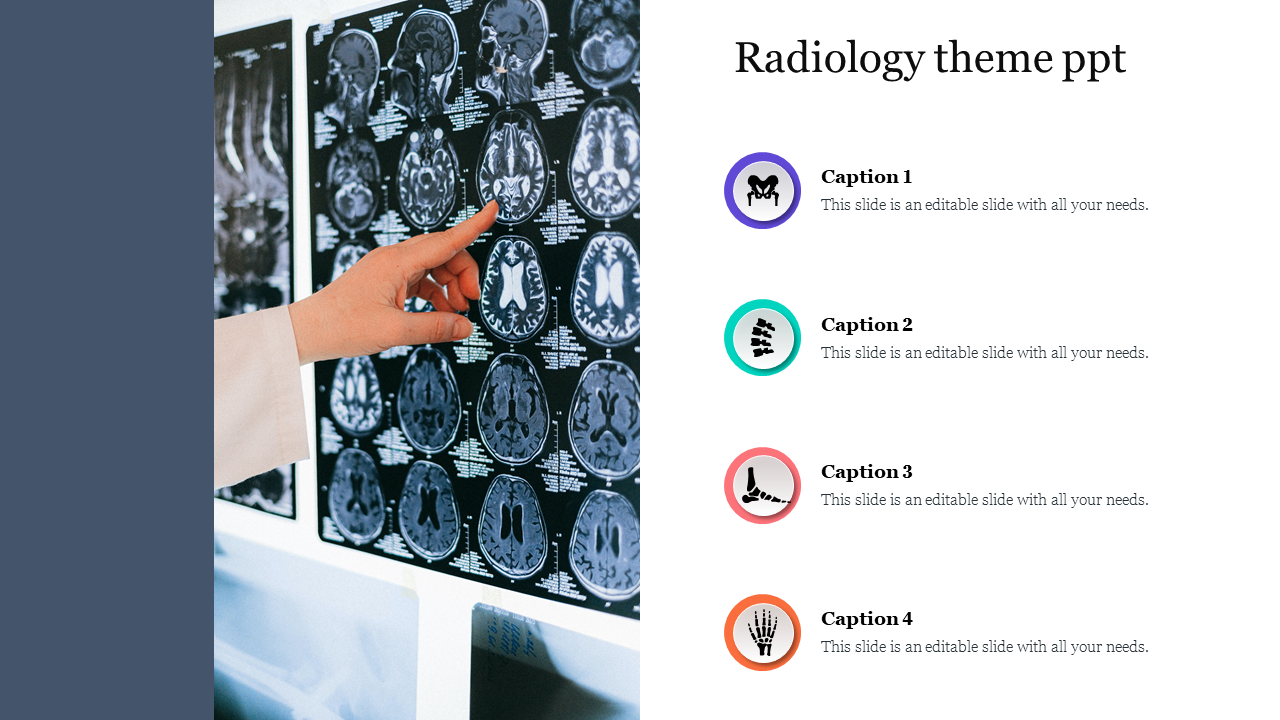 A hand points to brain scans on the left, with four colorful captions and icons aligned vertically on a white backdrop.