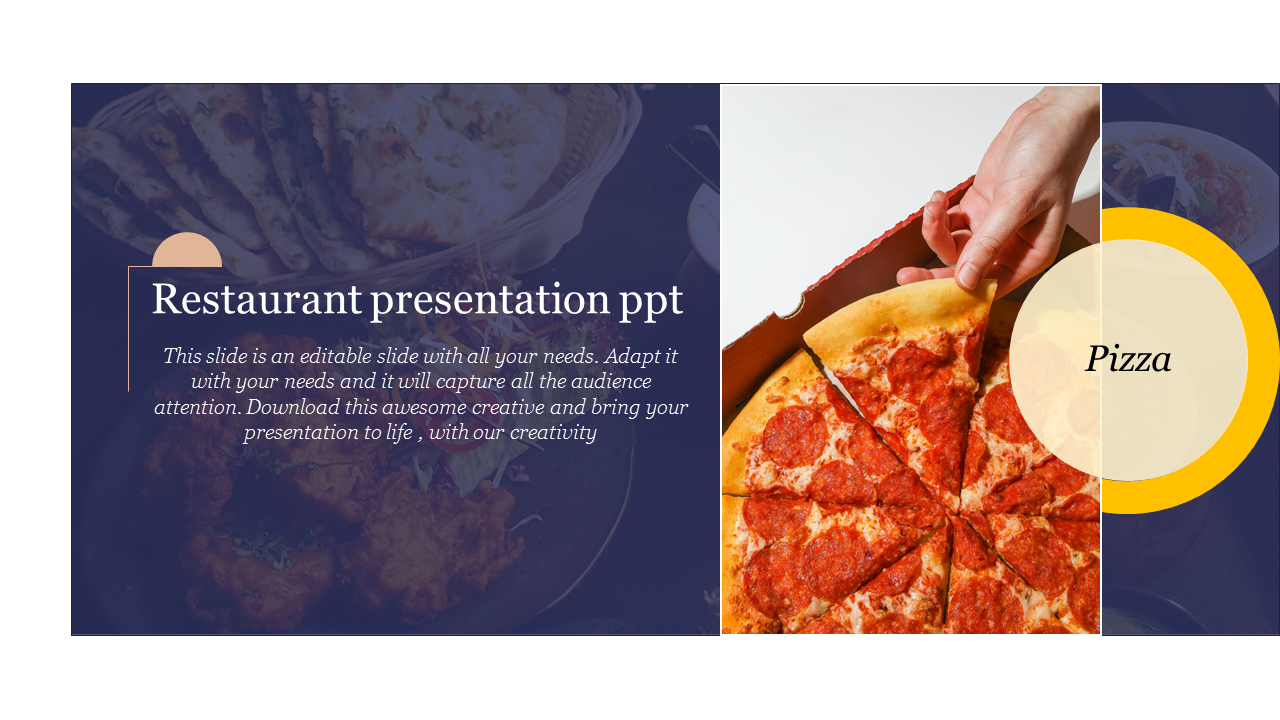 Restaurant slide with a dark food background on the left and a bright pizza image on the right, featuring yellow circle.