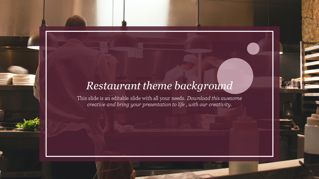 A restaurant kitchen setting with chefs, overlaid by a burgundy text box with circular design elements.