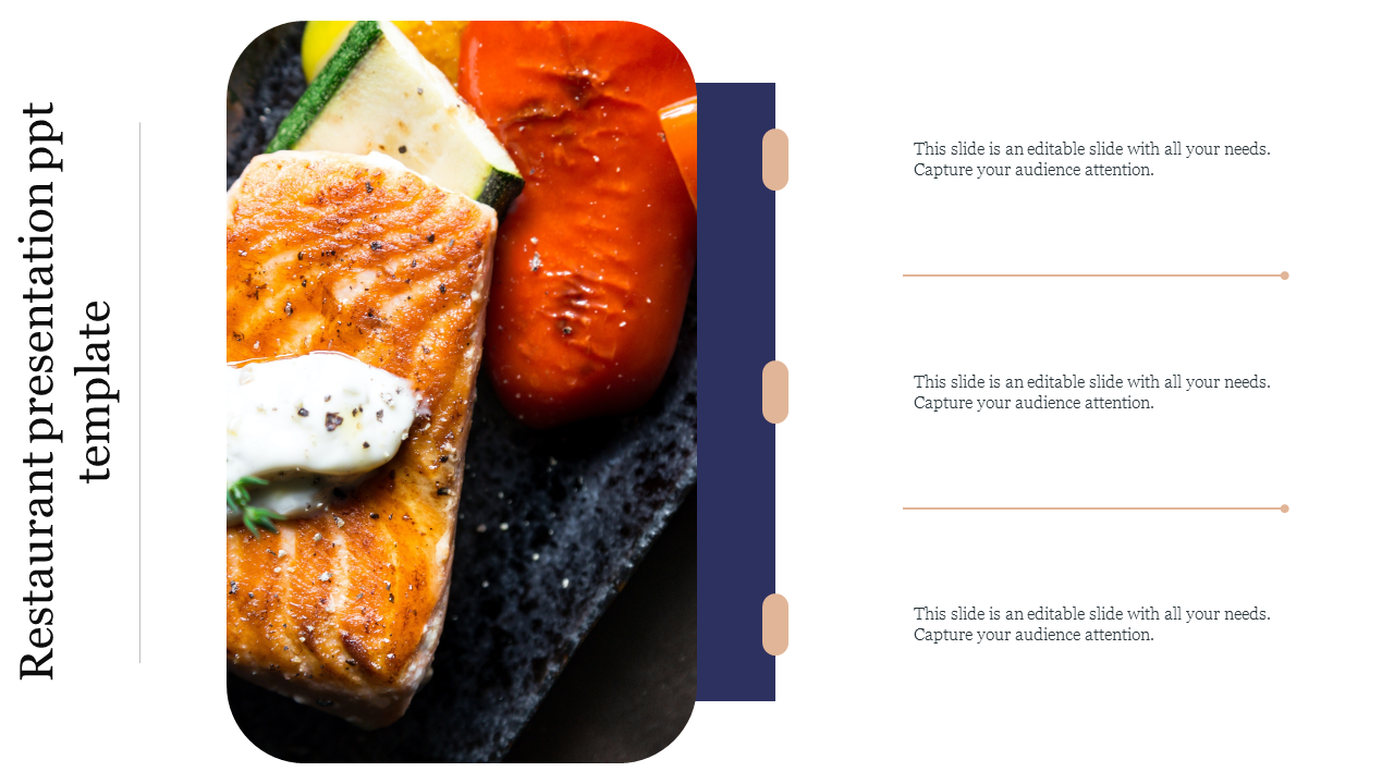 PowerPoint slide for a restaurant presentation, featuring a close up of grilled salmon with vegetables with placeholder text.