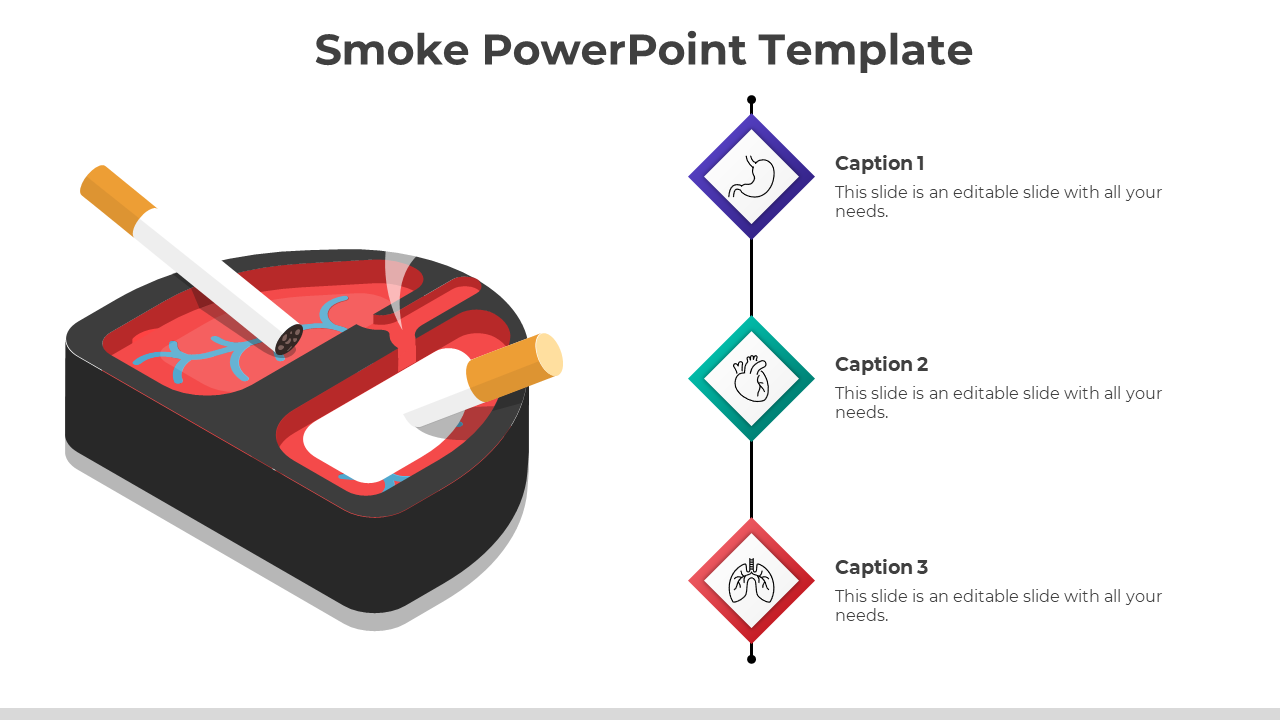 Illustration of red and black ashtray with a lit cigarette and smoke, with three icons and captions on the right.