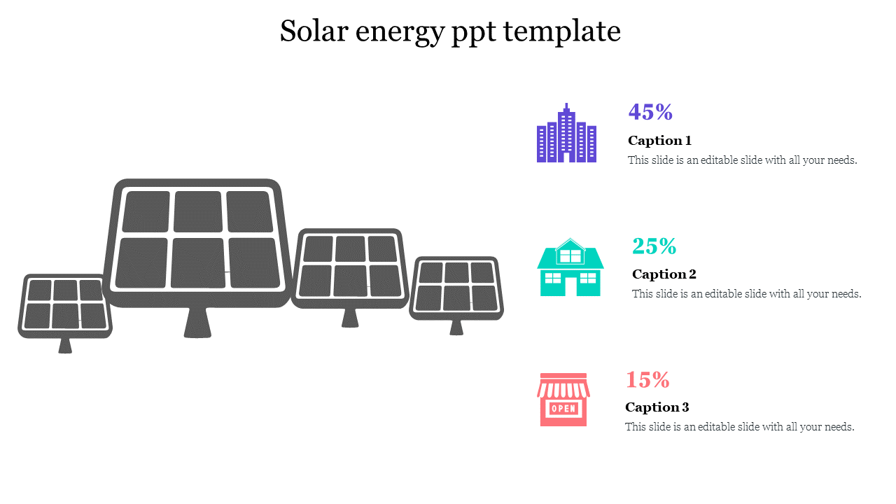 Solar energy PowerPoint template showing percentages of energy distribution for buildings, homes, and shops.