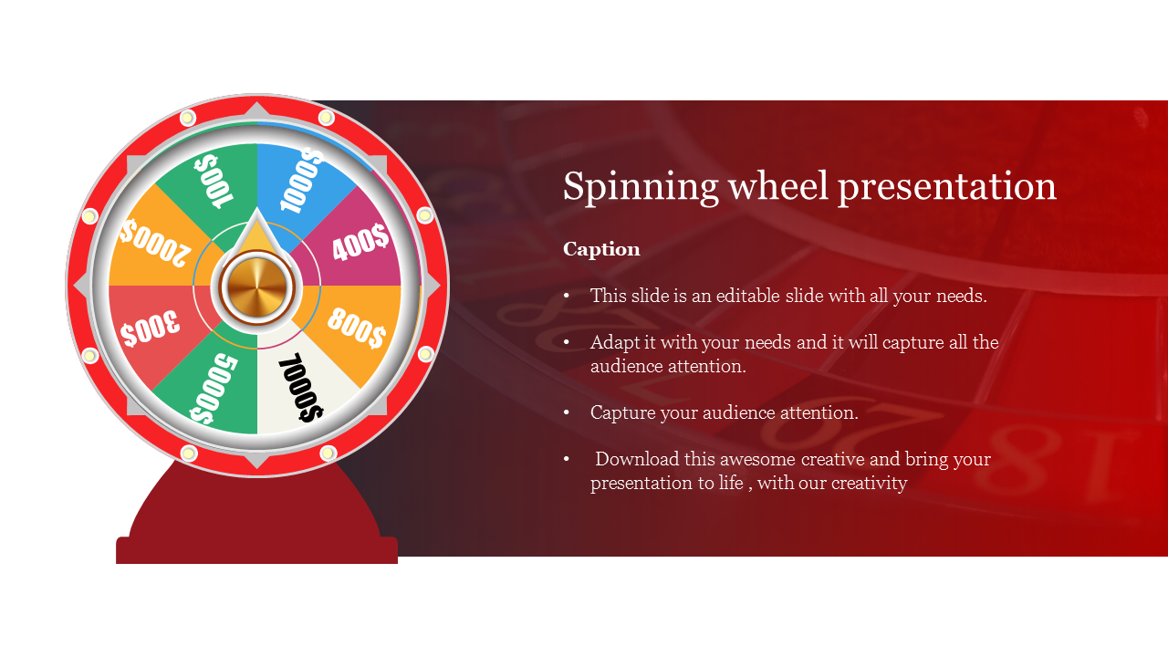 Spinning wheel with monetary values in each colored section, with a gold pointer in the center, next to a caption area.