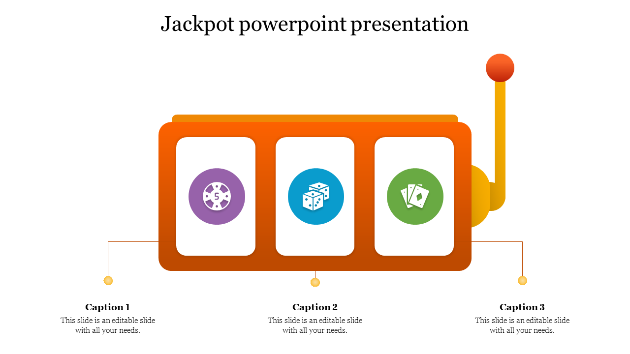 Orange jackpot slot machine with colorful icons for poker chips, dice, and playing cards with yellow lever on the side.