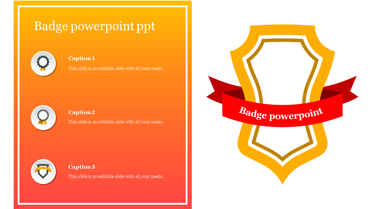 Badge themed PowerPoint slide with award icons and captions on a gradient background.