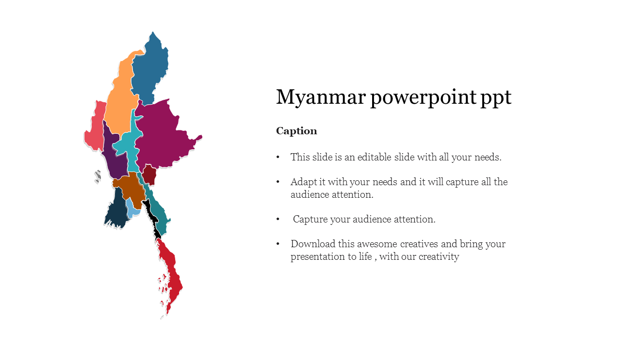 A colorful map of Myanmar on the left and text on the right with a bulleted list of  features.