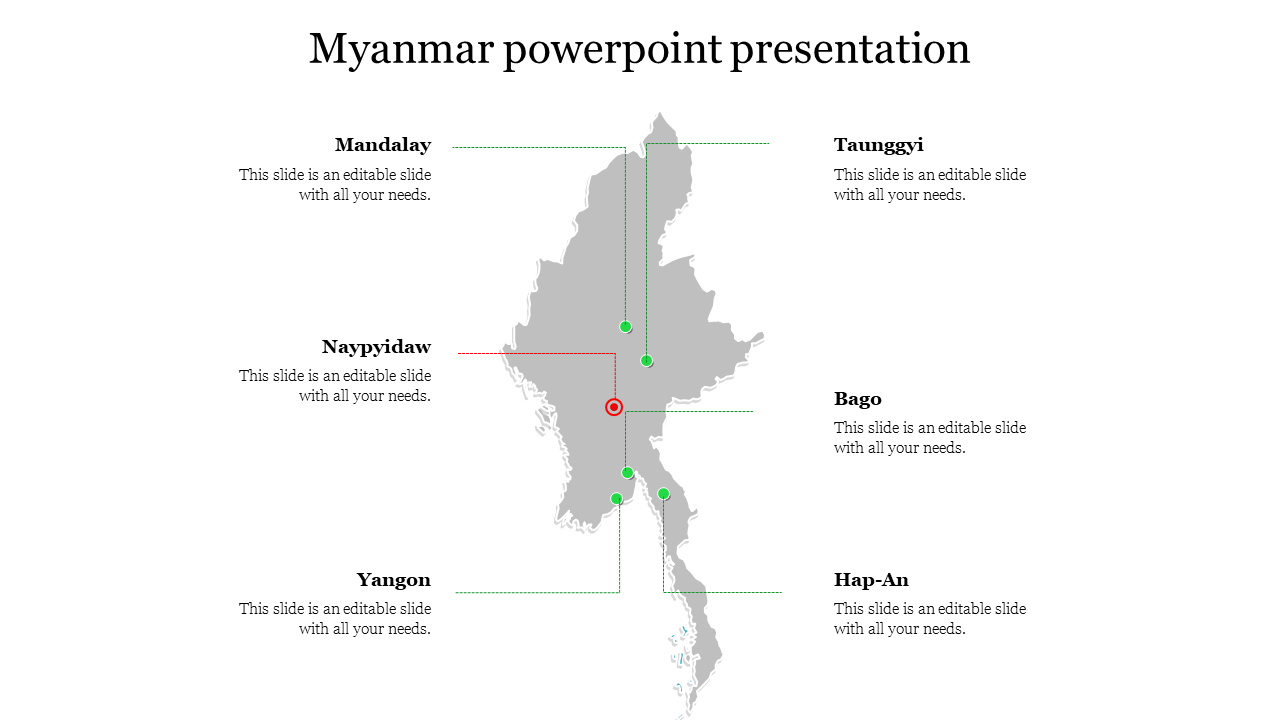 Myanmar slide featuring a detailed map with marked cities and text descriptions.