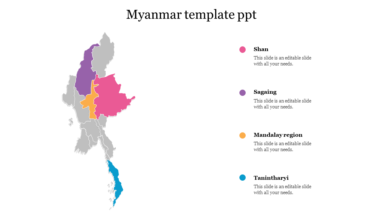 Myanmar slide showcasing a colorful map with regions labeled shan, sagaing, mandalay region, and tanintharyi.