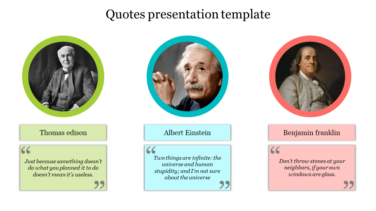 Slide displaying quotes from Thomas Edison to Benjamin Franklin, each with their portrait and quote in a colorful sections.