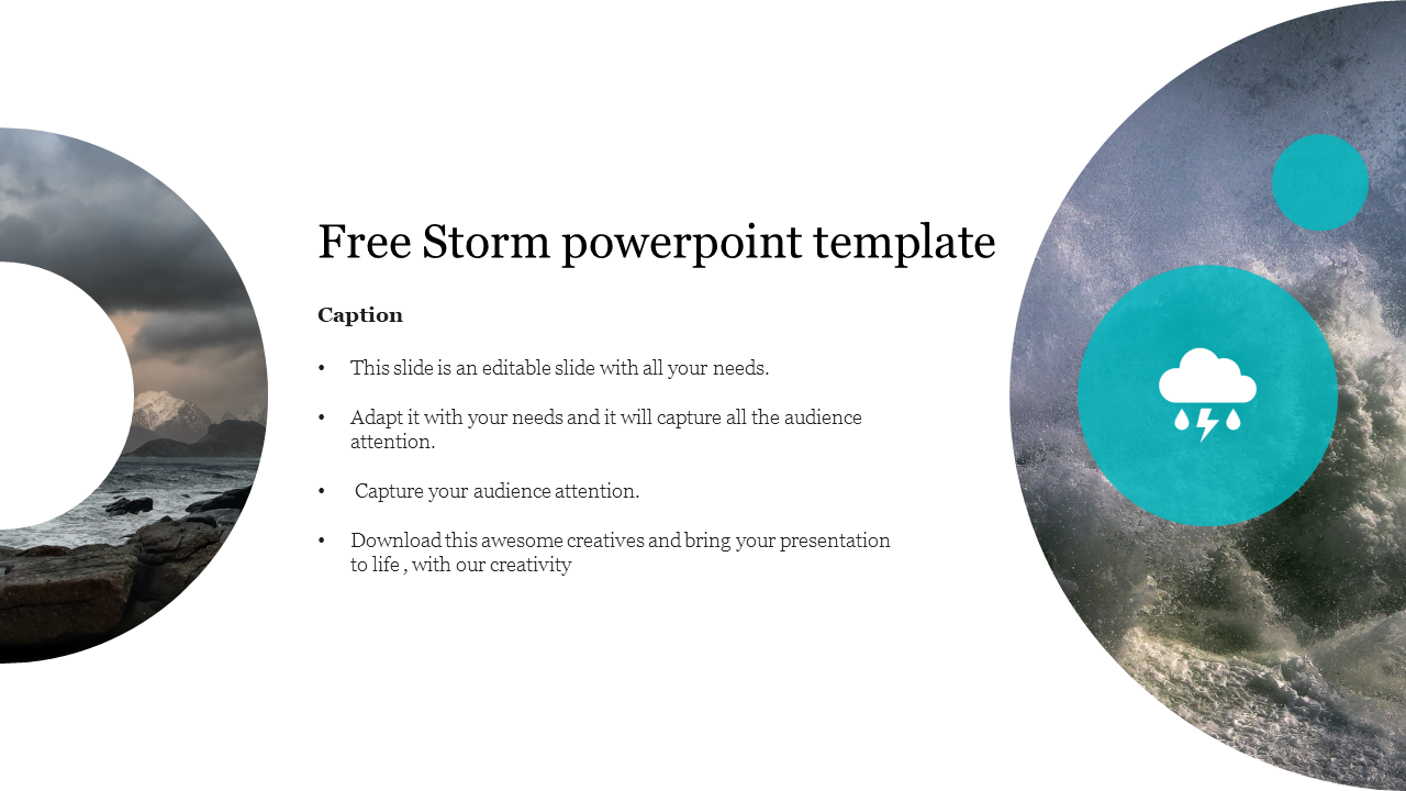 Circular design elements with storm imagery on both sides, including clouds and waves, and a central raincloud icon.