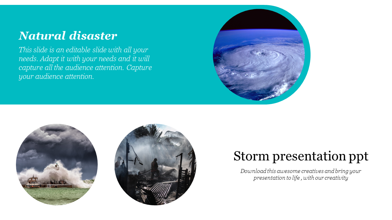 PowerPoint slide for a natural disaster presentation, with images of a hurricane, flood, and fire.