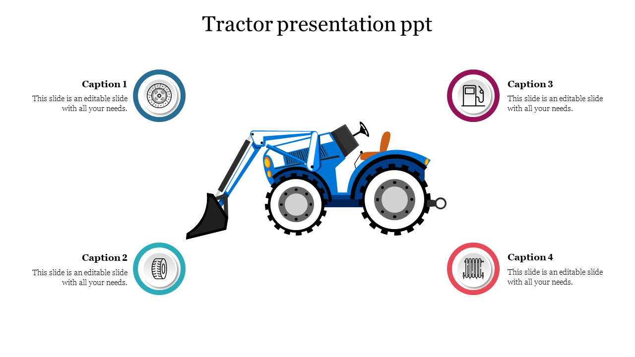 Illustration of a tractor with four labeled captions around it, each with icons representing different elements.