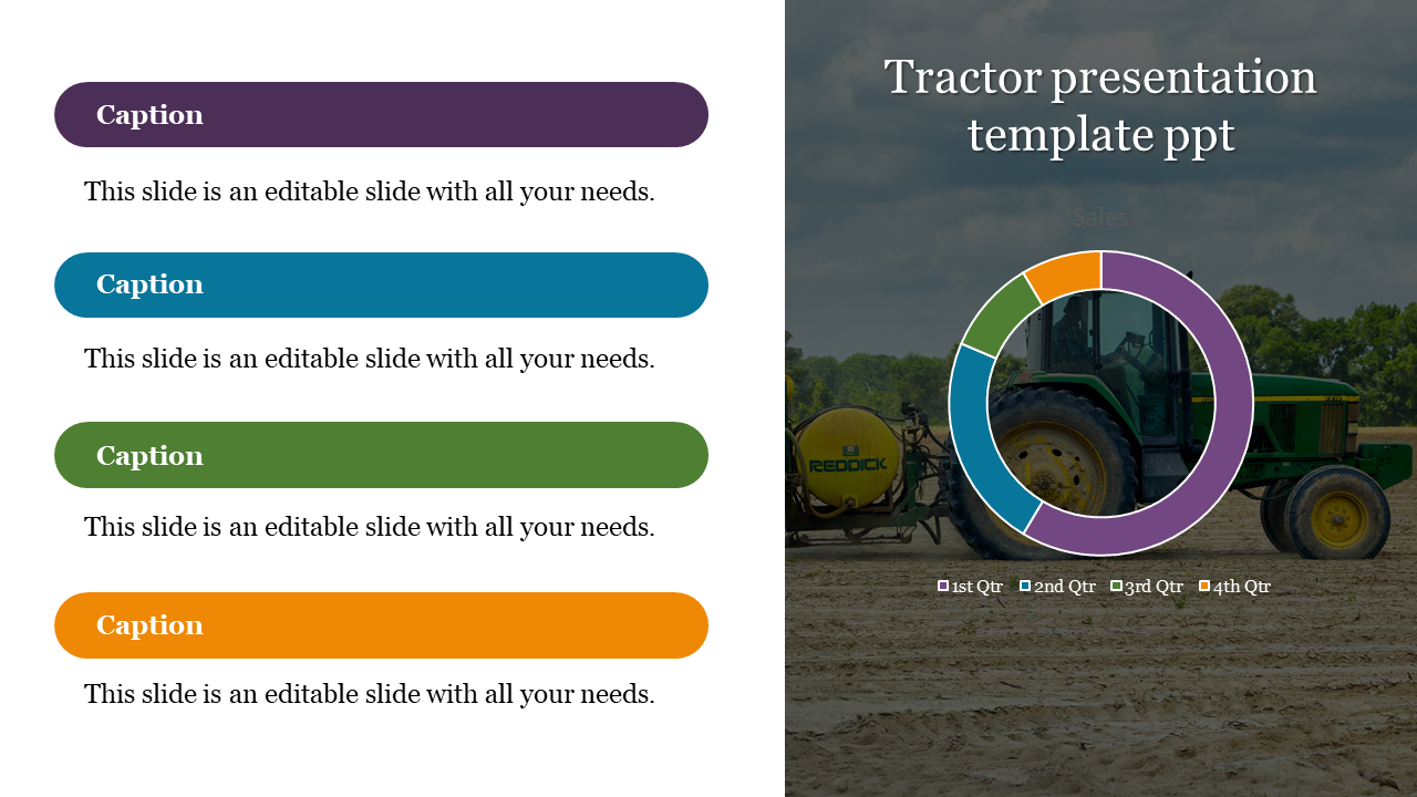 Tractor presentation template with a donut chart and four caption bars for different quarters.