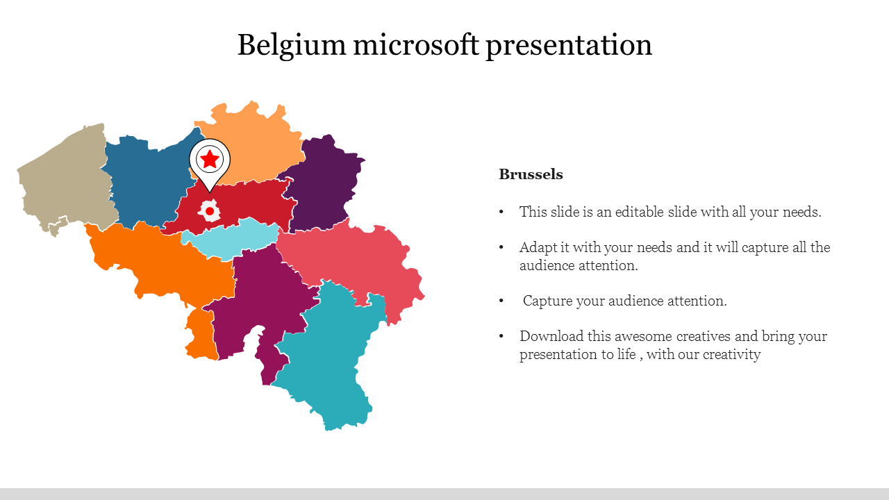 Belgium map divided into regions, with a pin marking Brussels next to a placeholder text areas.