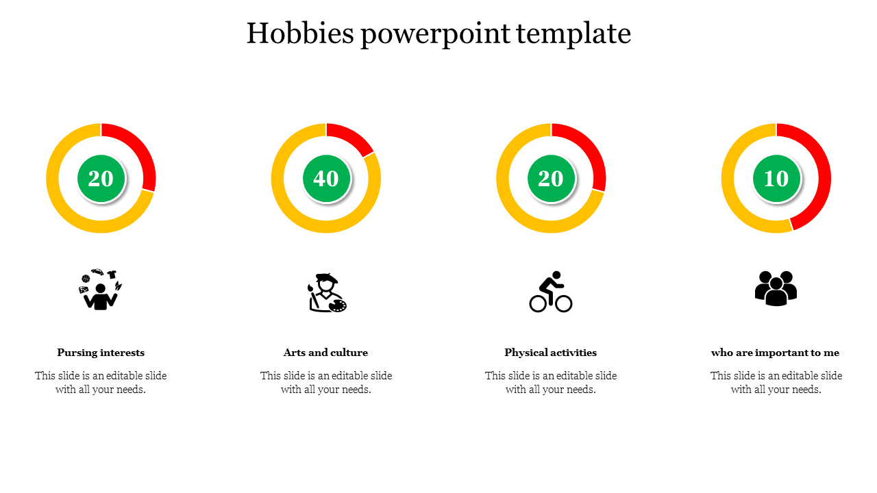 Four circular rings showing values with icons related to hobbies along with caption area at the bottom.