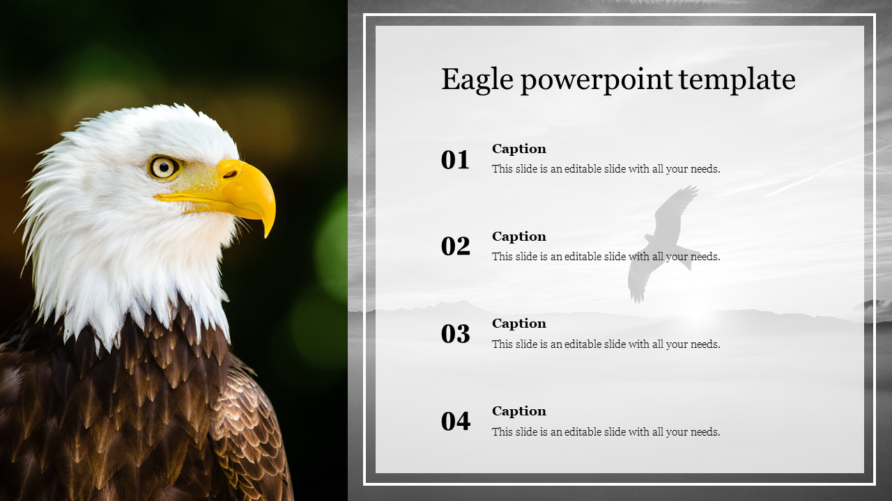 Slide featuring a majestic eagle with a yellow beak against a blurred green background with four captions.