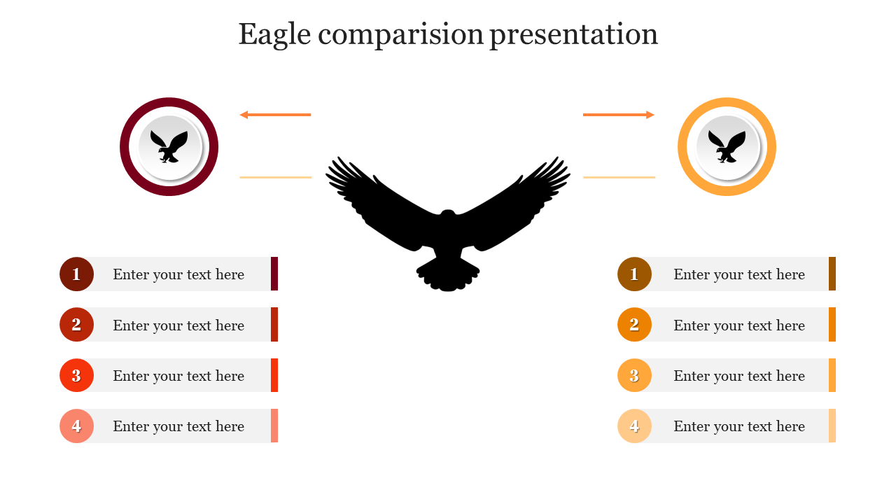 Eagle comparison slide featuring a silhouette of an eagle in flight between two sections each with four numbered text fields.