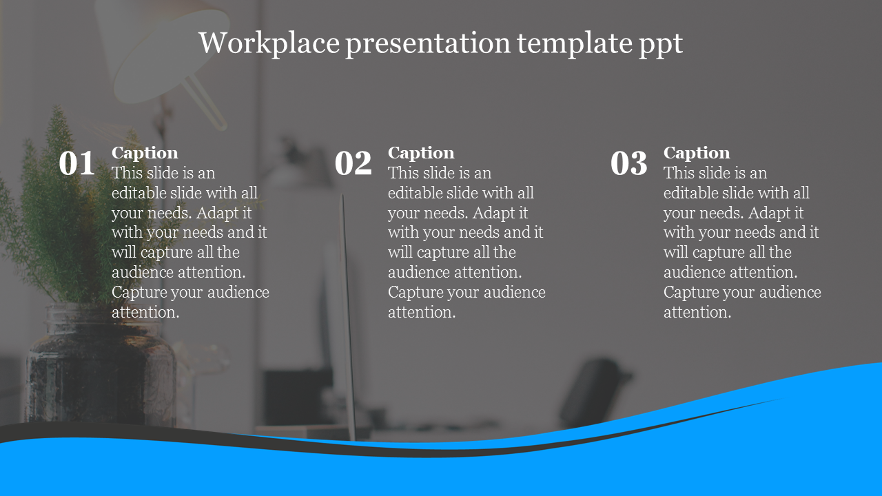 Professional PowerPoint template featuring a workplace background with three caption sections on a water wave blue border.