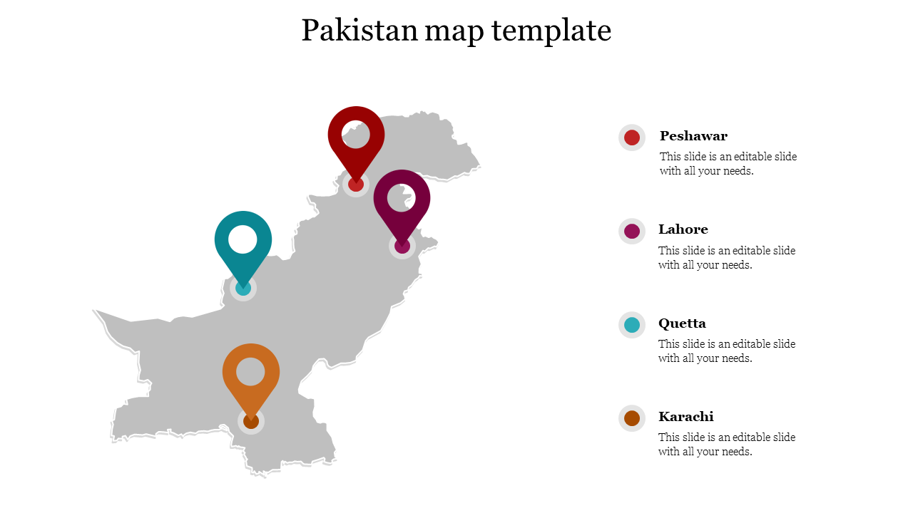 Gray map of Pakistan with four colorful location markers in red, purple, teal, and orange, indicating cities.