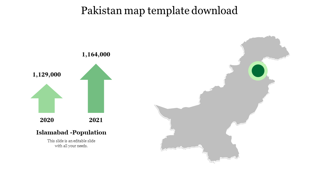 Map of Pakistan with a highlighted circle indicating Islamabad, alongside green arrows showing population growth.