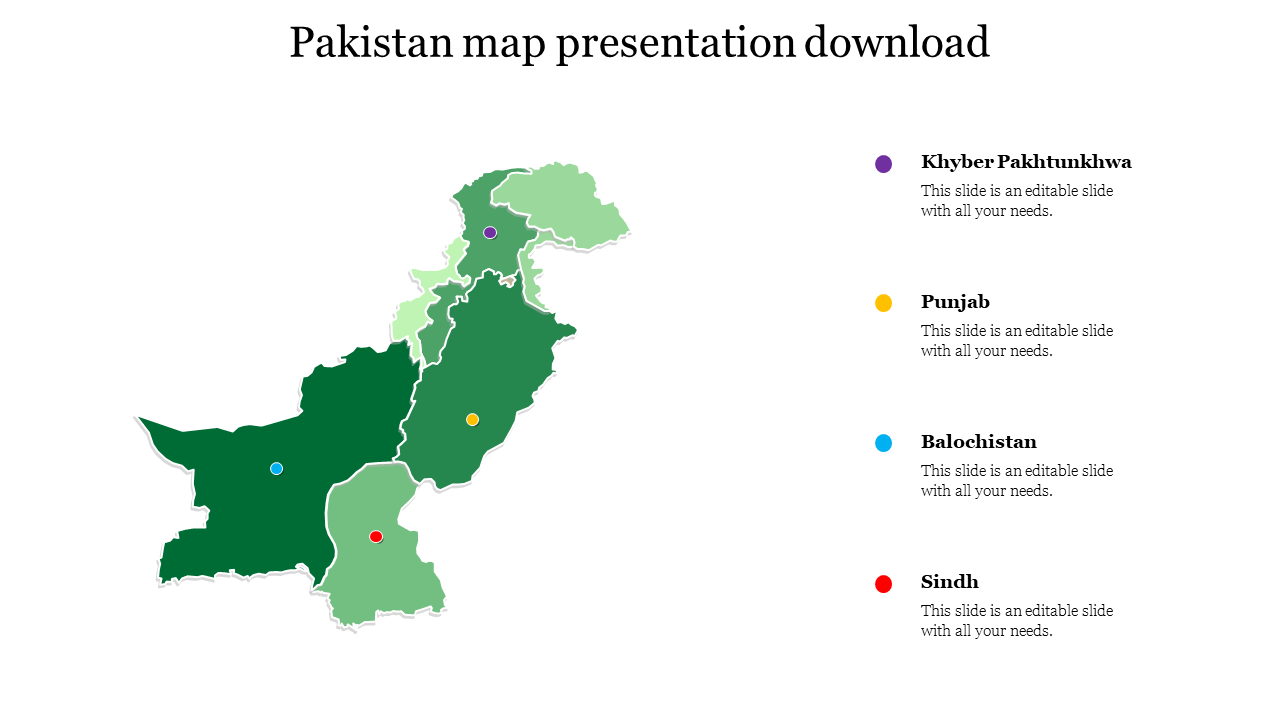 Pakistan map presentation download showing different provinces in  shades of green, with colored dots representing places.